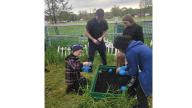A group of people planting a plant in a ground garden box.