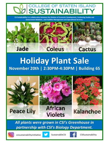 Holiday Plant Sale Holiday Plant sale flyer was used for the event showing pictures of Jade, Coleus, Coleus, Cactus, Peace Lilly, African Violets, and Kalanchoe grown in our on-campus greenhouse by our students. All plants sold in the CSI’s Greenhouse in partnership with CSI‘s Biology Department.