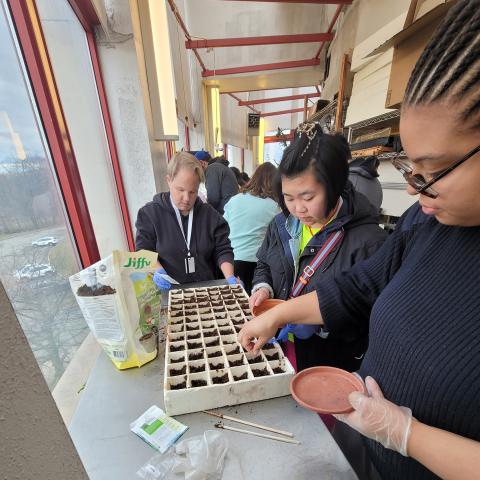 Green House Learning Lab Greenhouse seed planting event. 3 of the student placing seeds in seed trays. 
