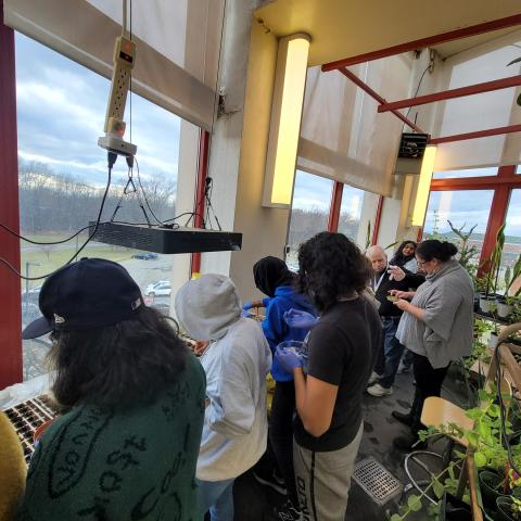 Green House Learning Lab Greenhouse seed planting event. Overview image of the students lined up by the table facing the glass windows planting seeds.